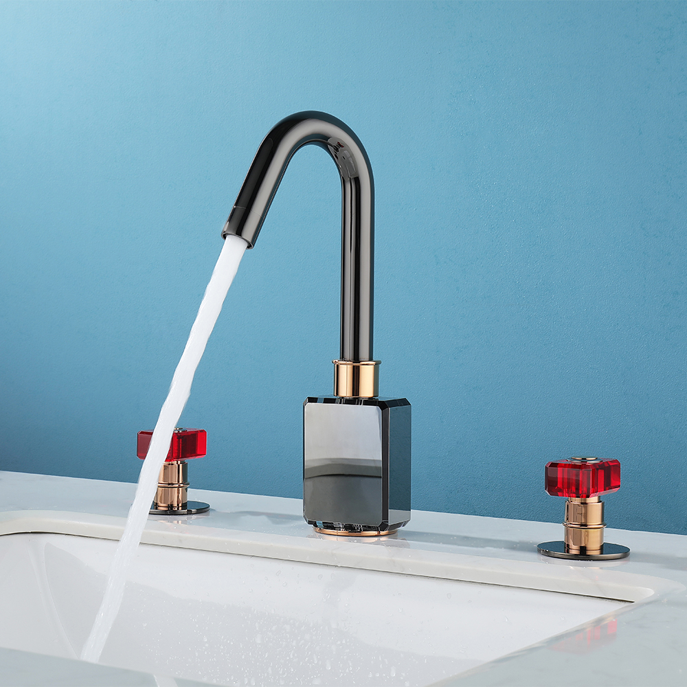 

Gunmetal Bathroom Widespread Sink Faucet Double Glass Handle Solid Brass