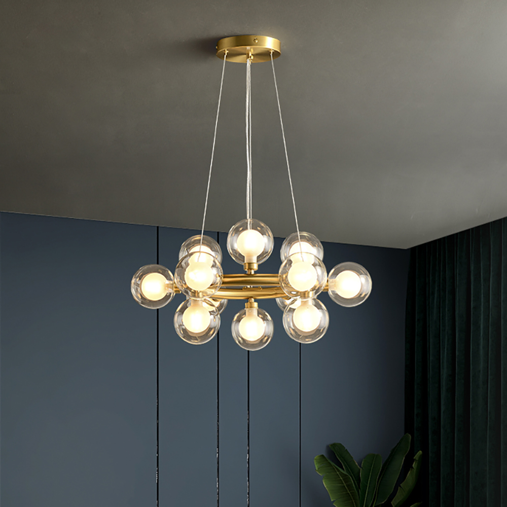 

Modern Brass Round Chandelier 12-Light with Tiered Glass Shade for Living Room
