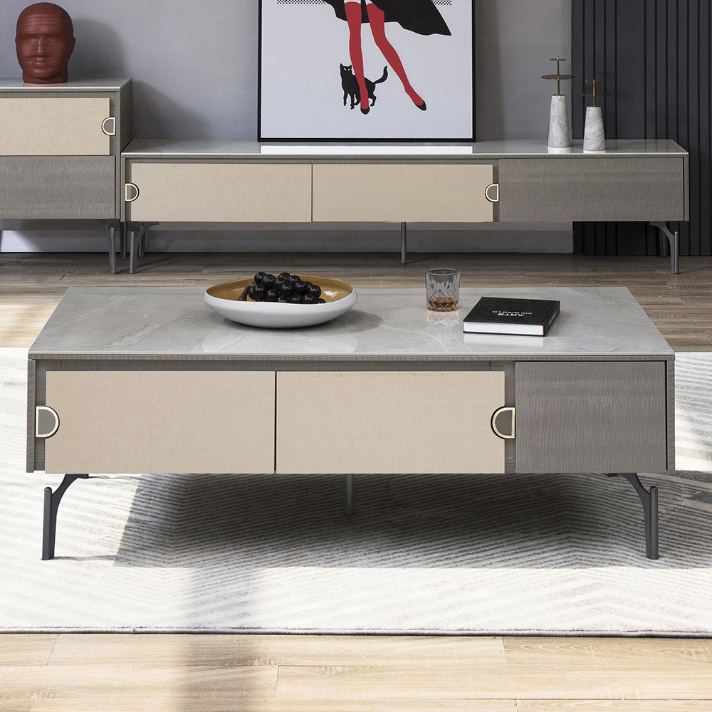 

Modern Rectangle Gray Coffe Table with Storage & Stone Top