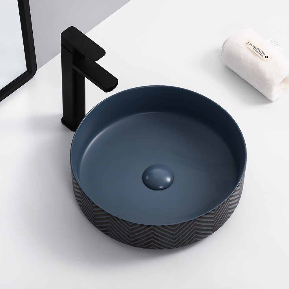 

Modern Round Ceramic Sink Vessel Wash Sink in Black & Blue