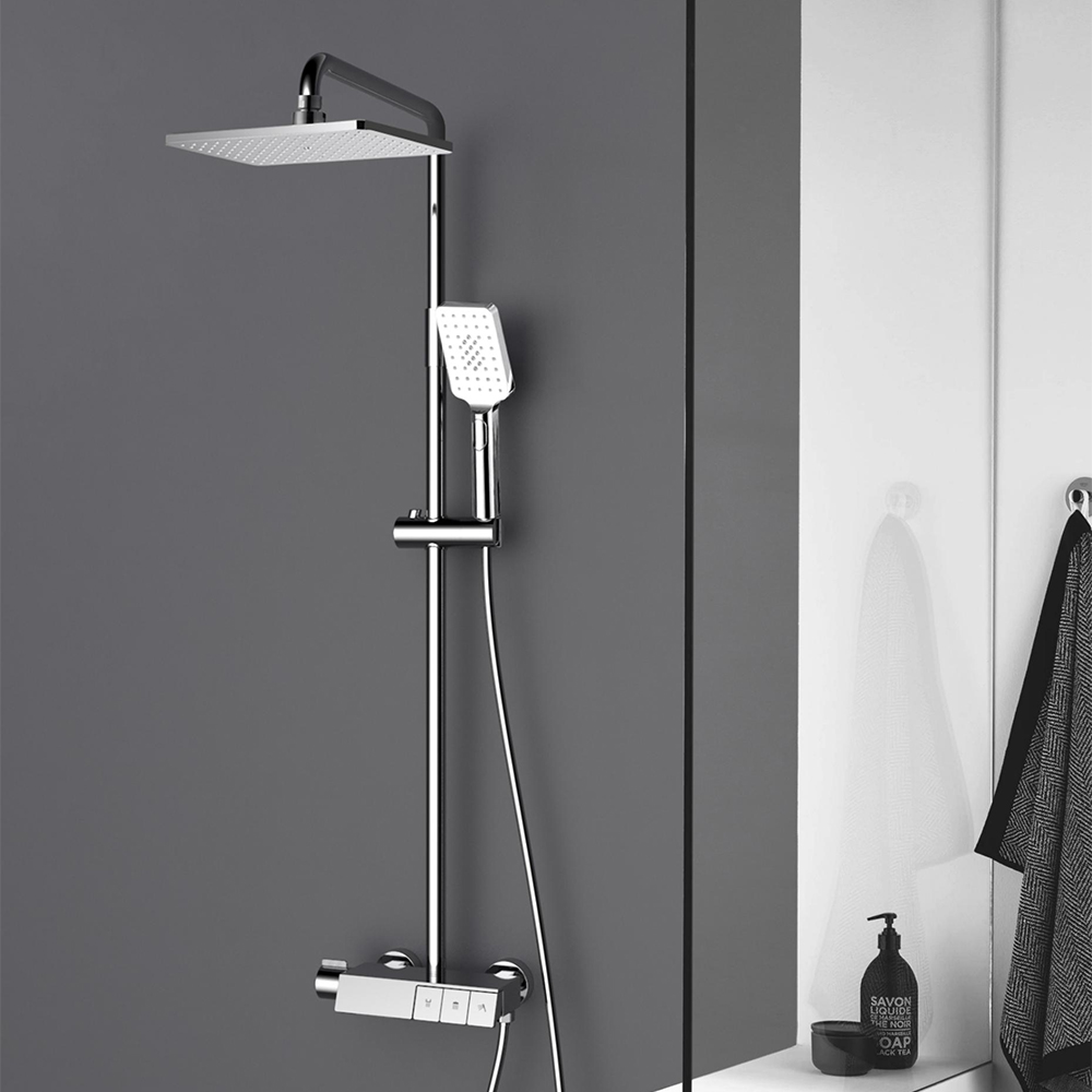 

Exposed Shower System Thermostatic Rainfall Shower Head Polished Chrome with Hand Shower