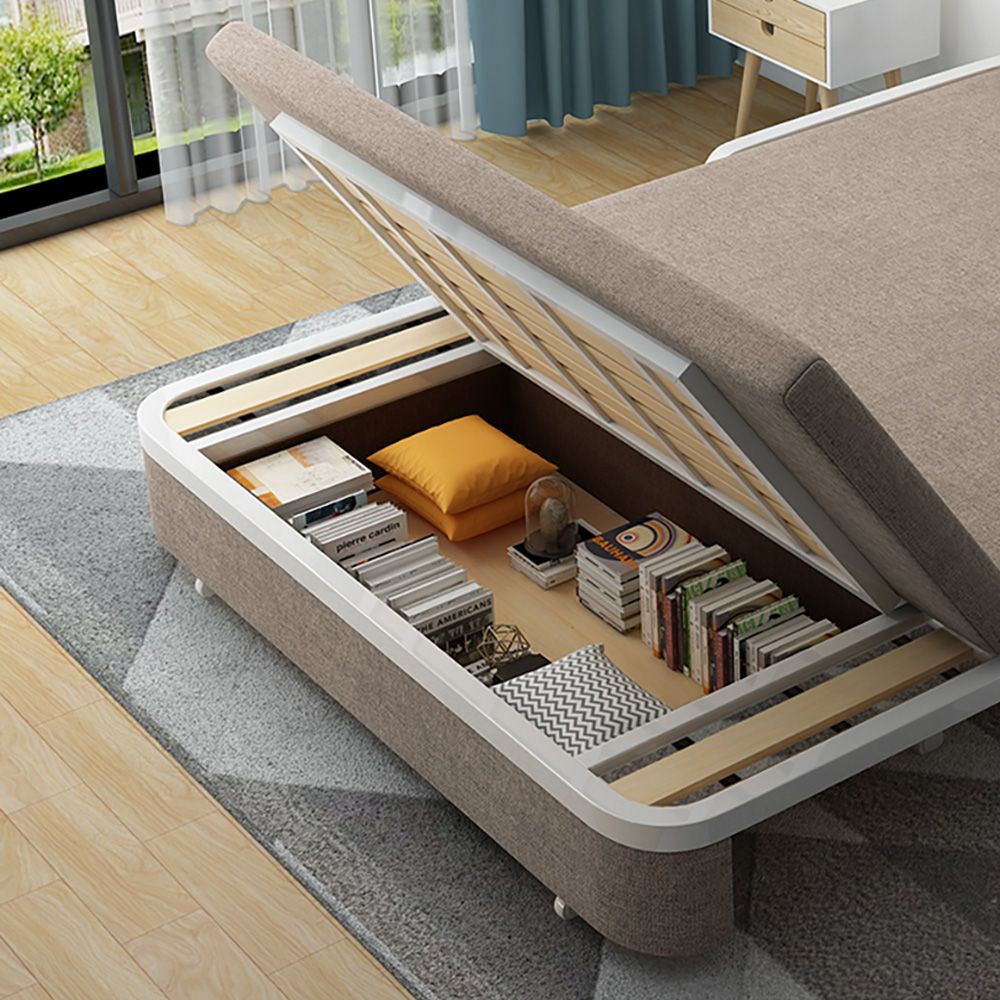 Moderno sofá cama convertible tapizado de lino de algodón caqui con