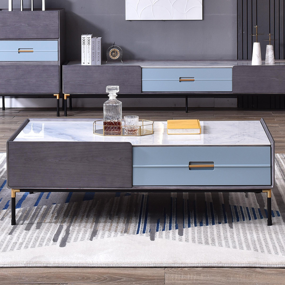 

Modern Coffe Table with Storage & 4 Drawers and White Stone Top