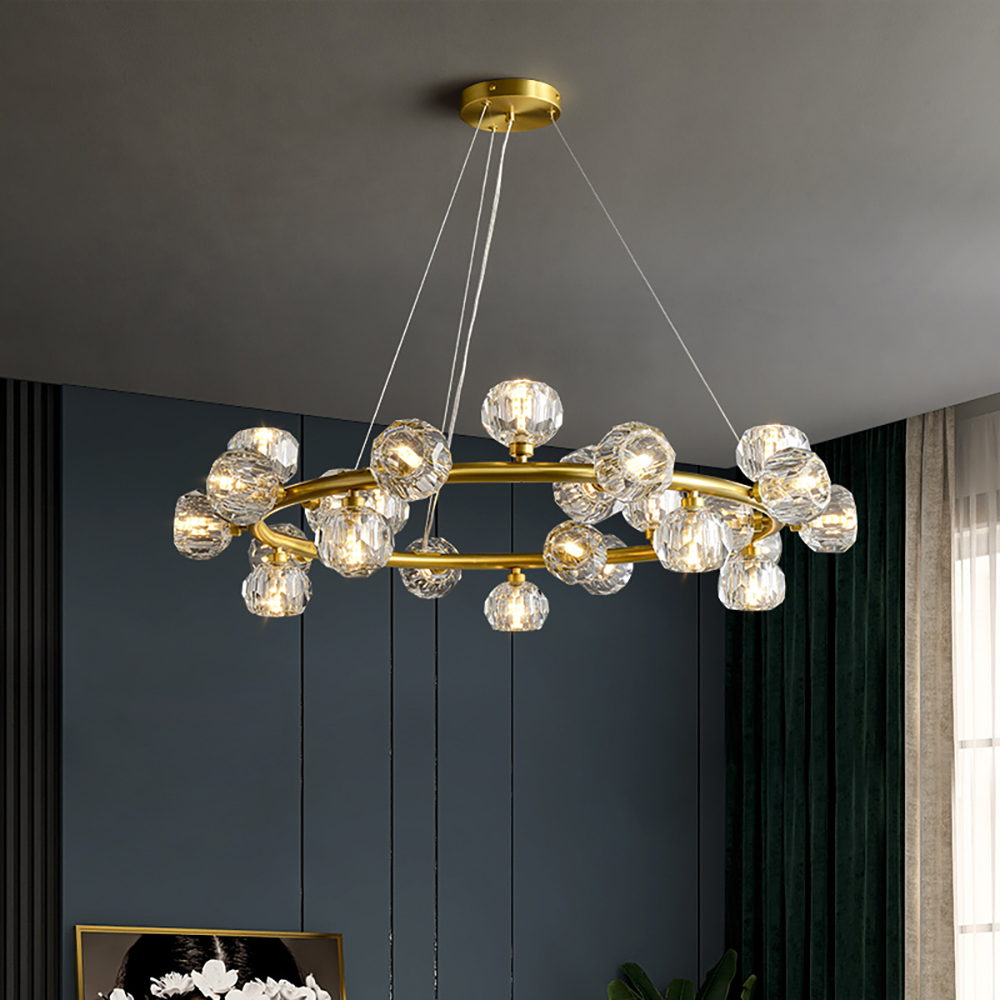 

Modern 25-Light Round Brass Chandelier with Crystal Shade for Living Room