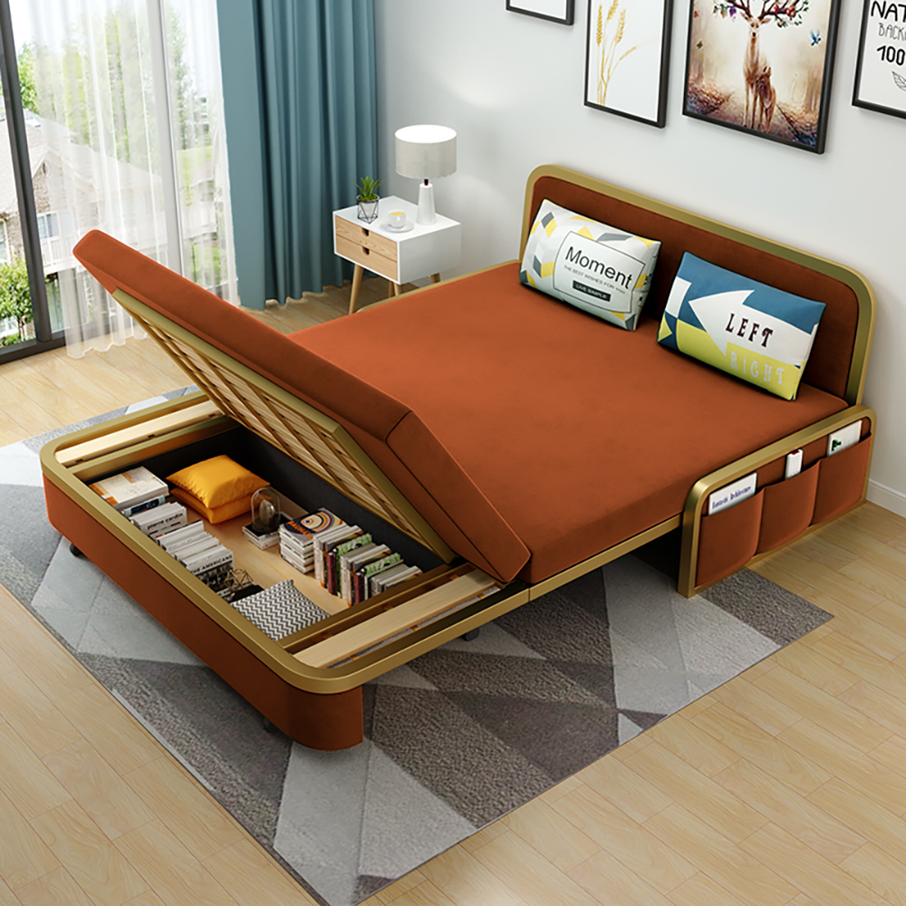 Modern Convertible Sofa Bed With Storage Velvet Upholstery In Caramel & Gold