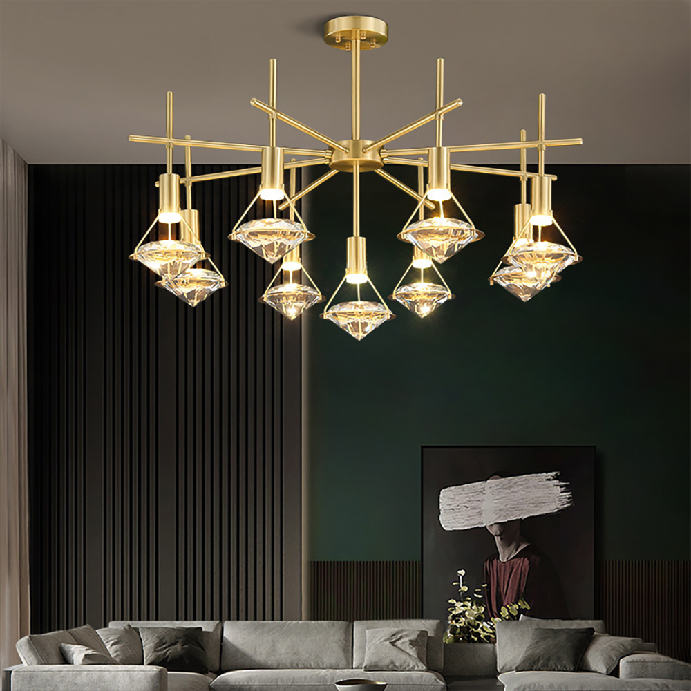 

Modern Brass Glass Diamond 9-Light Chandelier for Living Room and Dining Room