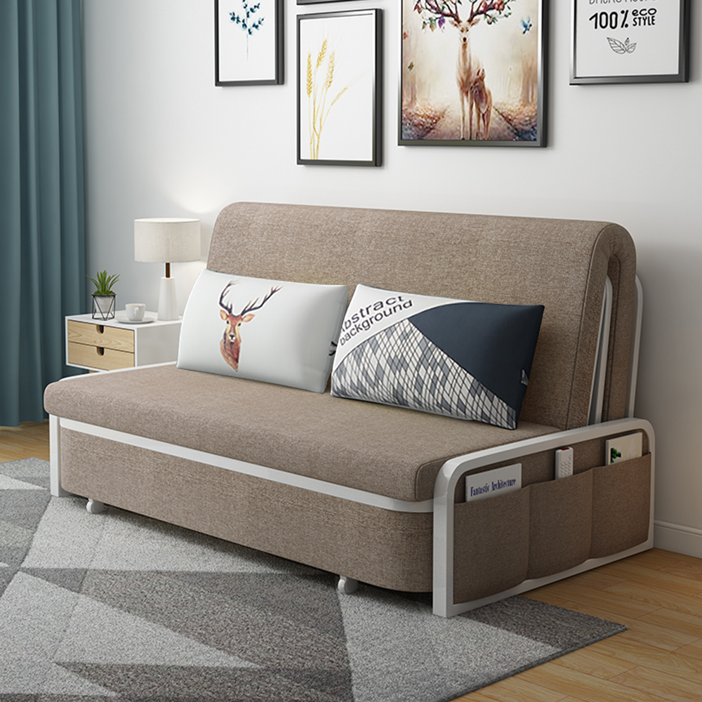 Moderno sofá cama convertible tapizado de lino de algodón caqui con