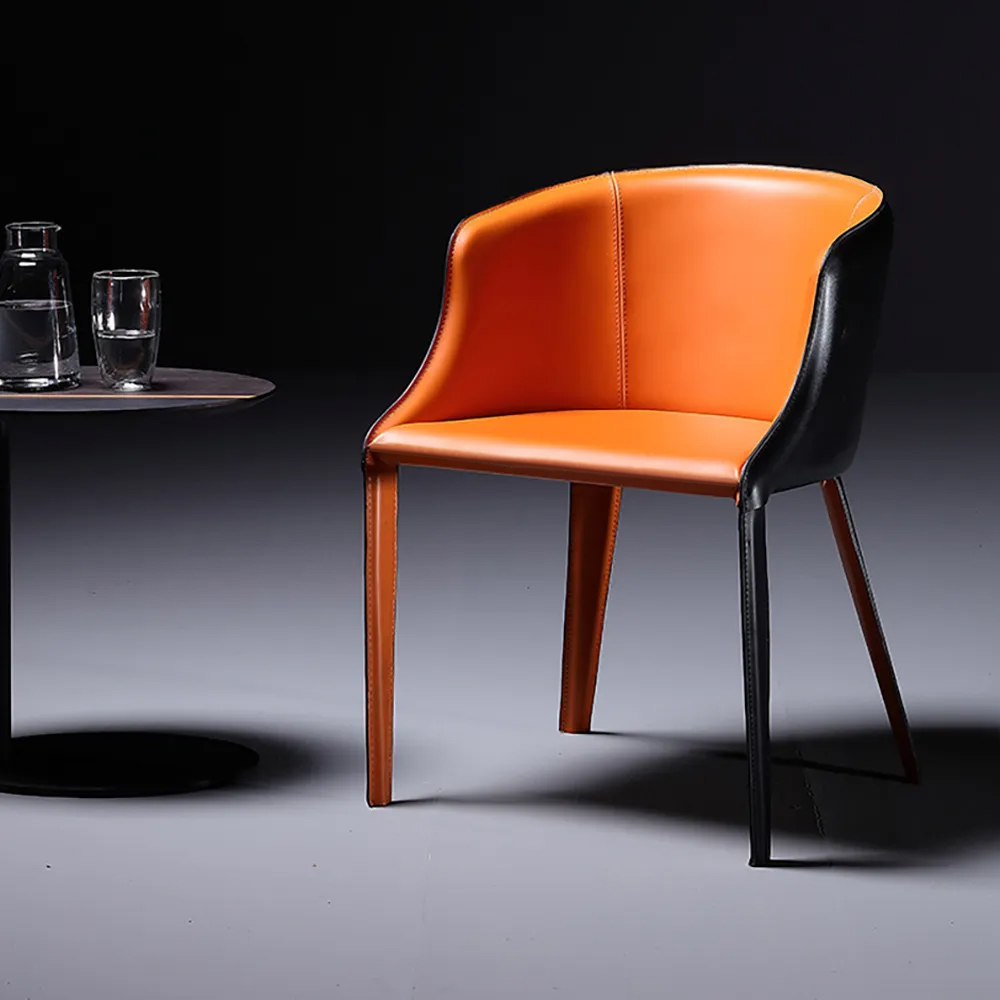 Image of Black & Orange Modern Saddle Leather Upholstered Dining Chair with Metal Legs