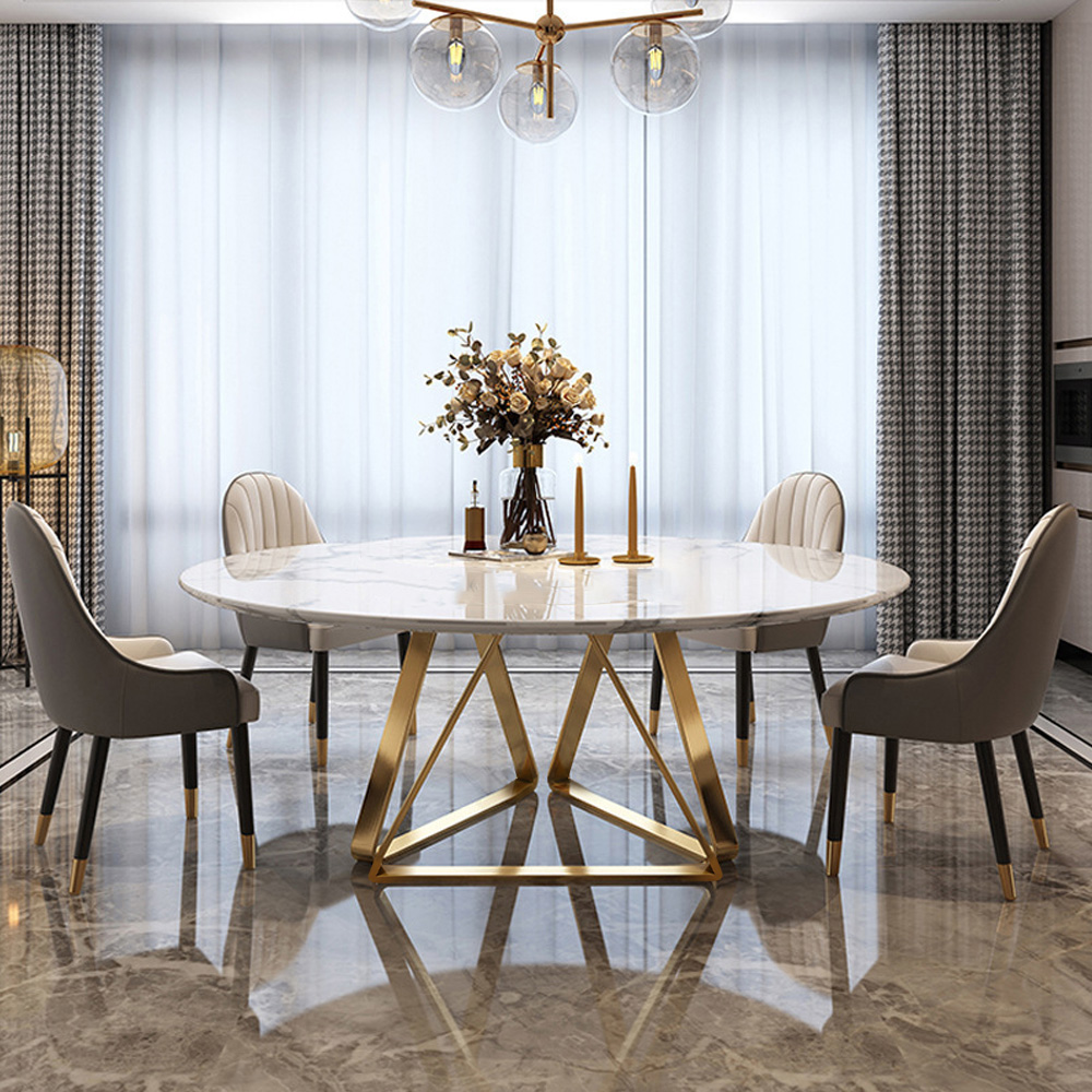 White Modern Round Marble Dining Table 59'' Gold Stainless Steel Base for 6-8 Seaters