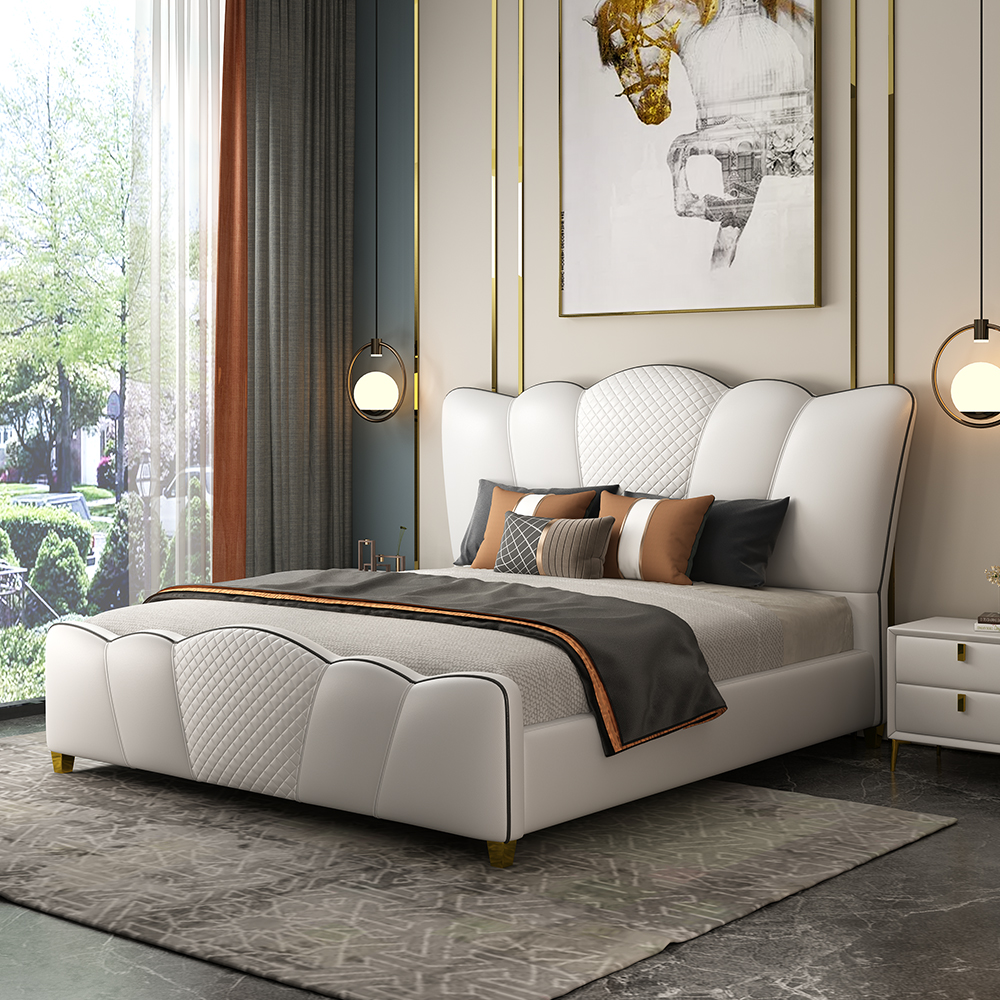 Milky white microfiber leather platform bed with curved headboard cal king
