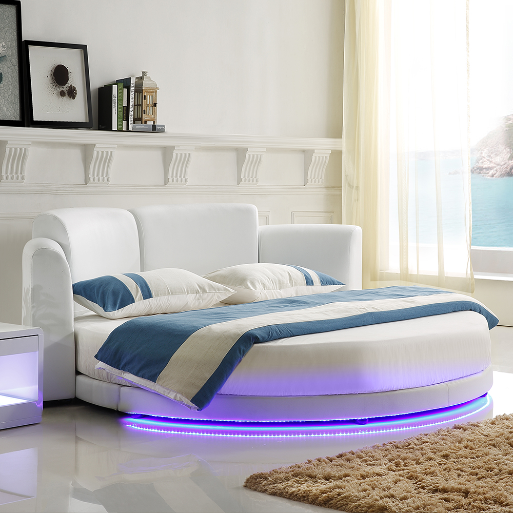 White Round Platform Bed Faux Leather Upholstered Bed with LED LightHomary