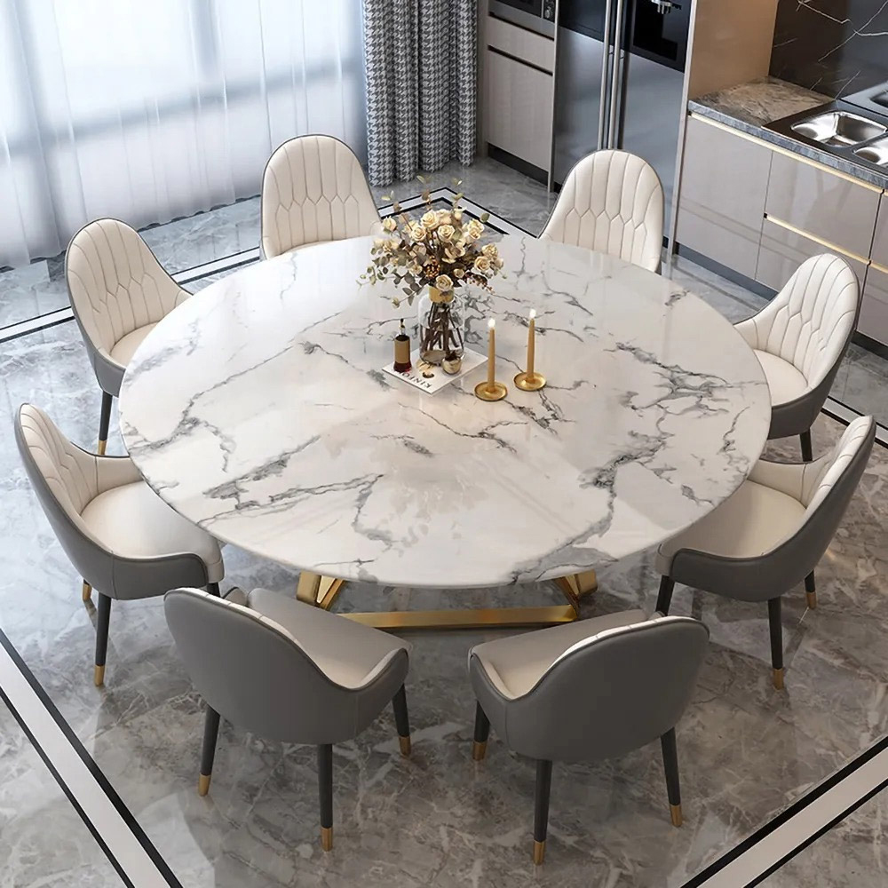 White Modern Round Marble Dining Table 59'' Gold Stainless Steel Base for 6-8 Seaters