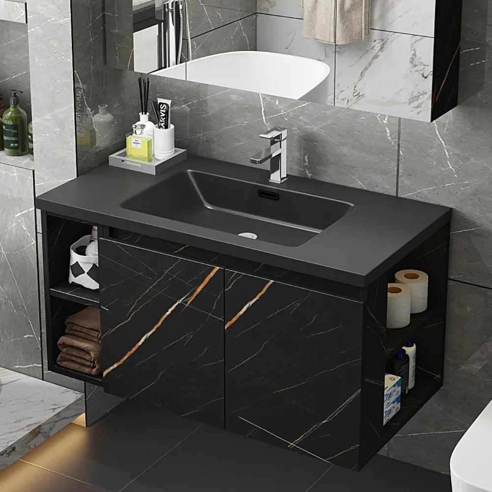 1000mm Faux Marble Wall-Hung Bathroom Vanity with Top Stone Slate Countertop & Basin