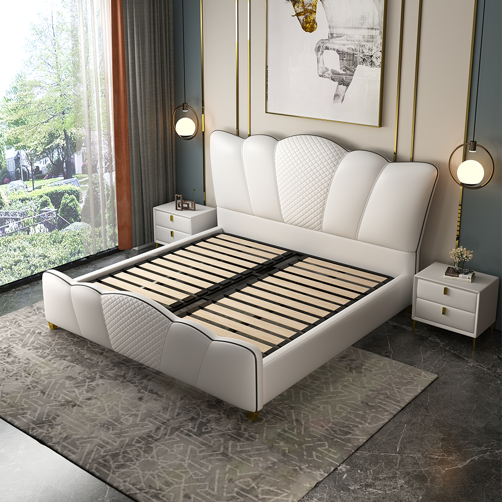 Milky White Modern Platform Bed with Curved Headboard & Footboard in