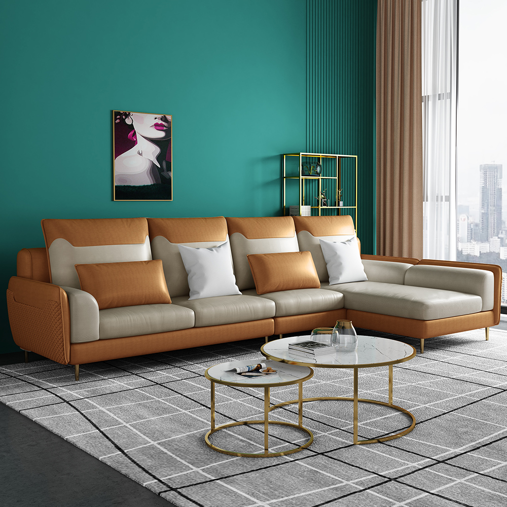 

L-Shaped Modern Sectional Sofa in Orange with Right-Hand Chaise Leath-Aire Upholstery