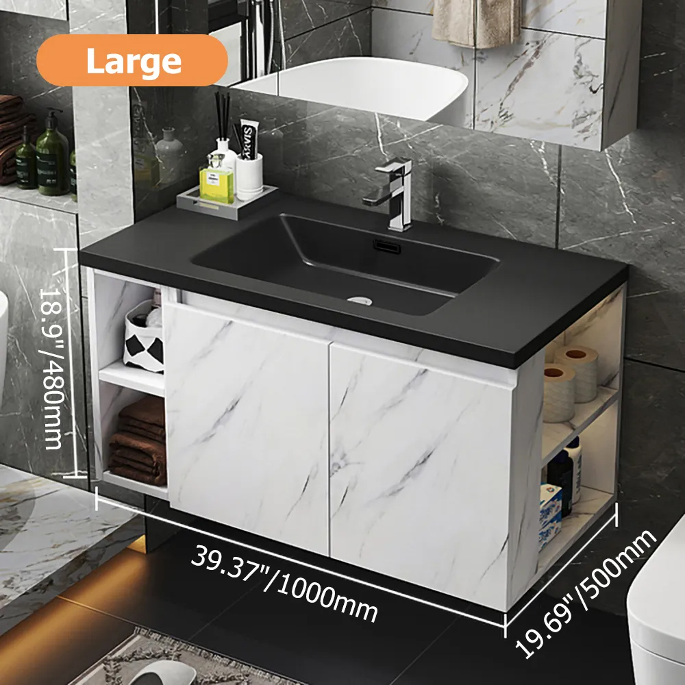 35.4" Faux Marble Wall-Hung Bathroom Vanity with Top Stone Slate Vessel & Sink