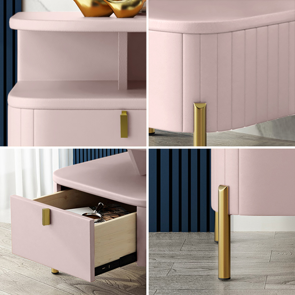 Chic Pink Faux Leather Nightstand Modern Bedside Table with Storage 1-Drawer