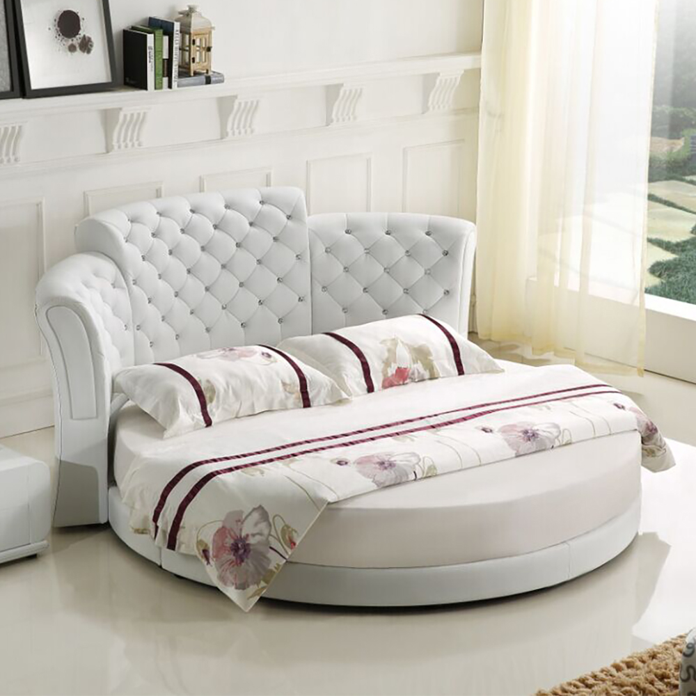 

White Round Platform Bed Low Profile Bed Frame & Tufted Headboard