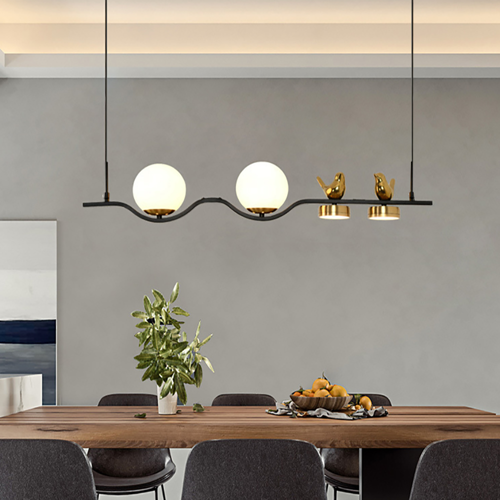 Moderne Glaskugel Shades Kücheninsel Licht in Schwarz & Gold mit 2 Dekor-Vögeln