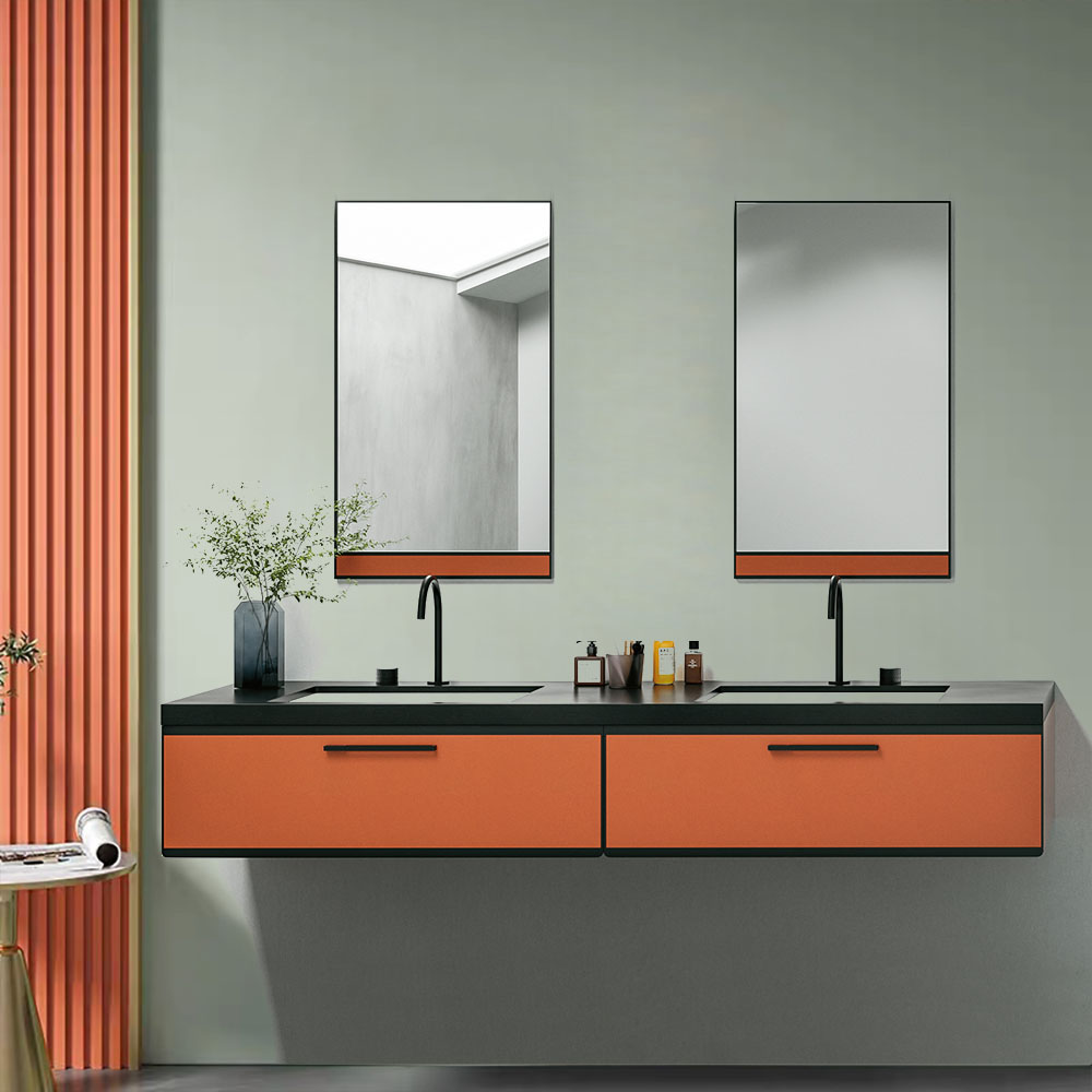 

63" Floating Bathroom Vanity Black Top Double Sink with 2 Drawers & Mirror in Apricot