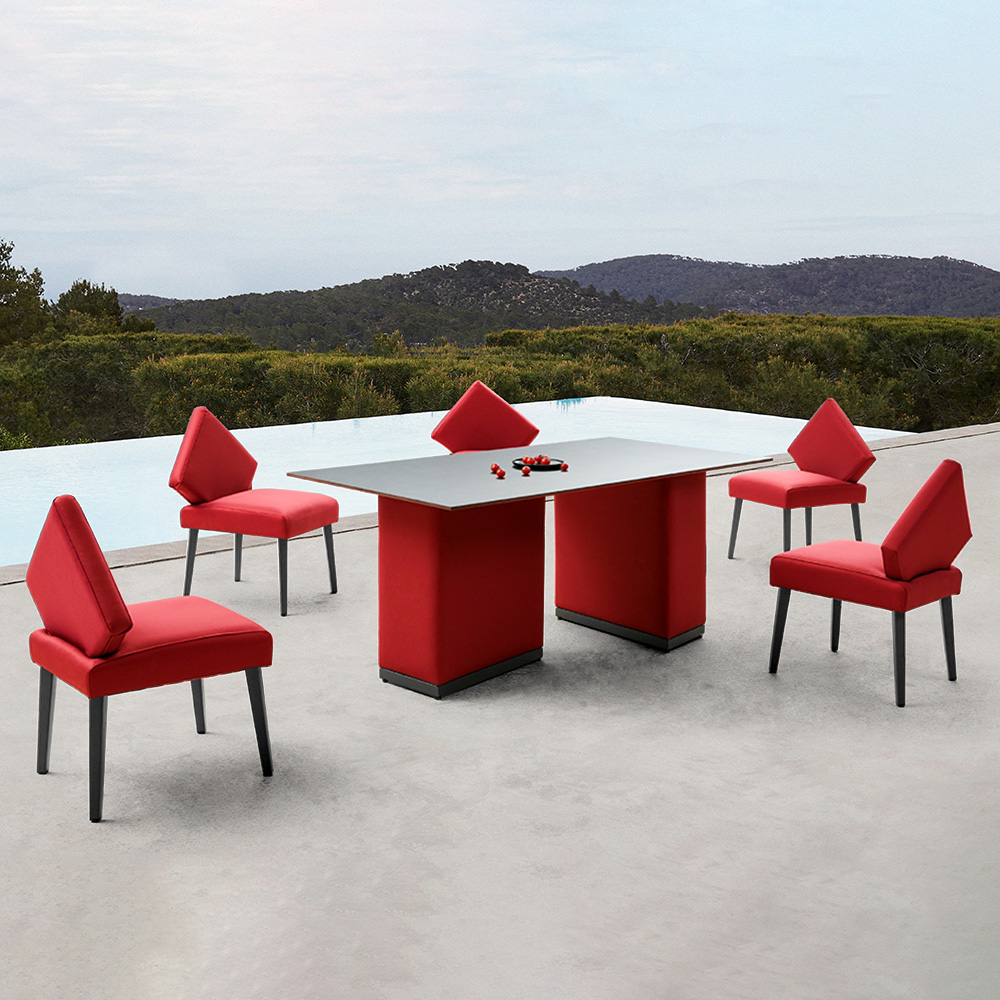 

7 Pieces Maroon Red Outdoor Dining Set with Retangular Table & Novel Armless Chairs
