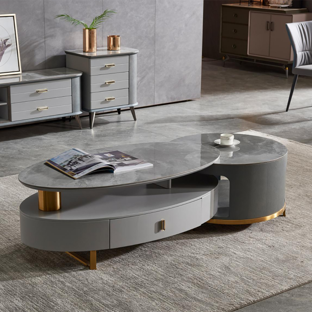 

Oval & Round Nesting Coffee Table Set with Drawers & Stone Top in Gray