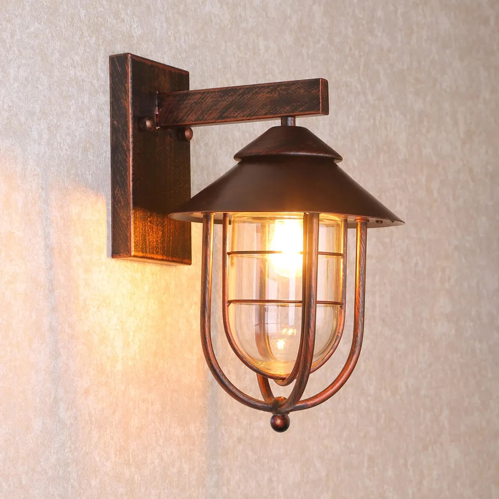 Image of Industrial 1-Light Metal Cage Clear Glass Shaded Nautical Indoor Outdoor Wall Light in Antique Copper