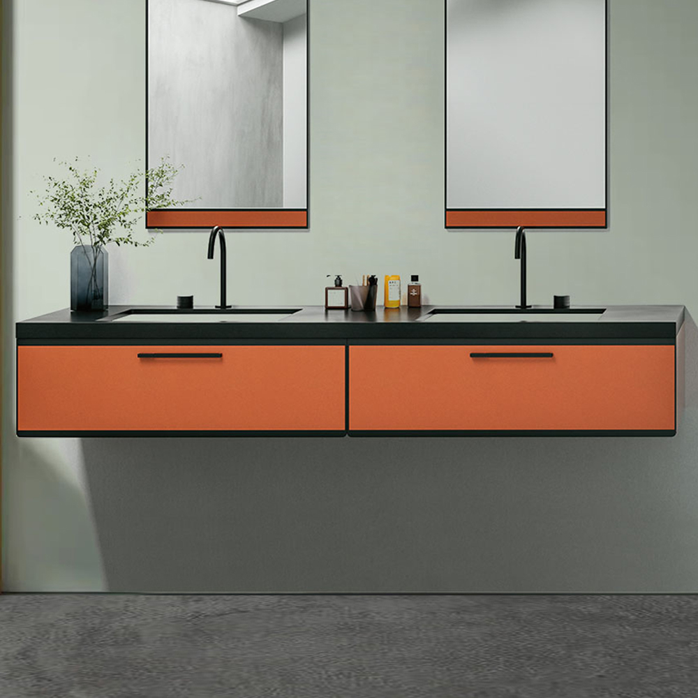 

63" Floating Bathroom Vanity Black Top Double Sink with 2 Drawers in Black & Apricot