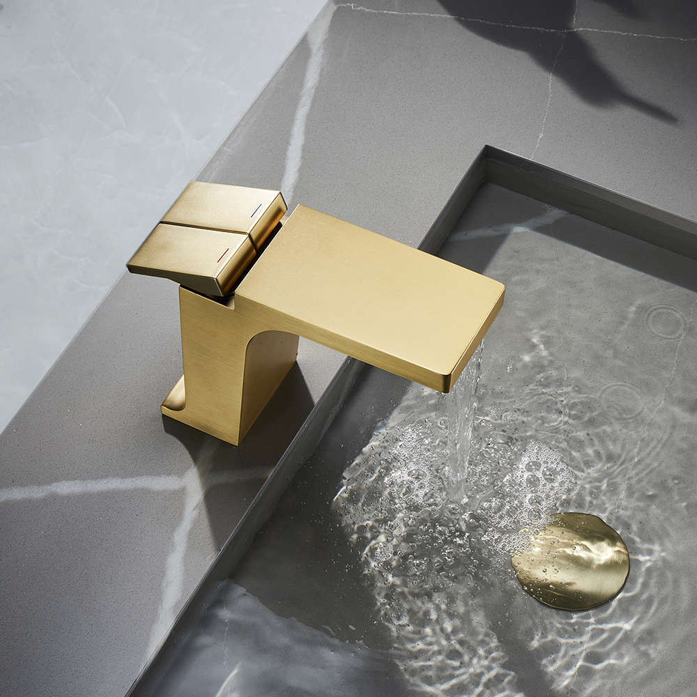

Brushed Gold Modern Single Hole Bathroom Sink Faucet Solid Brass