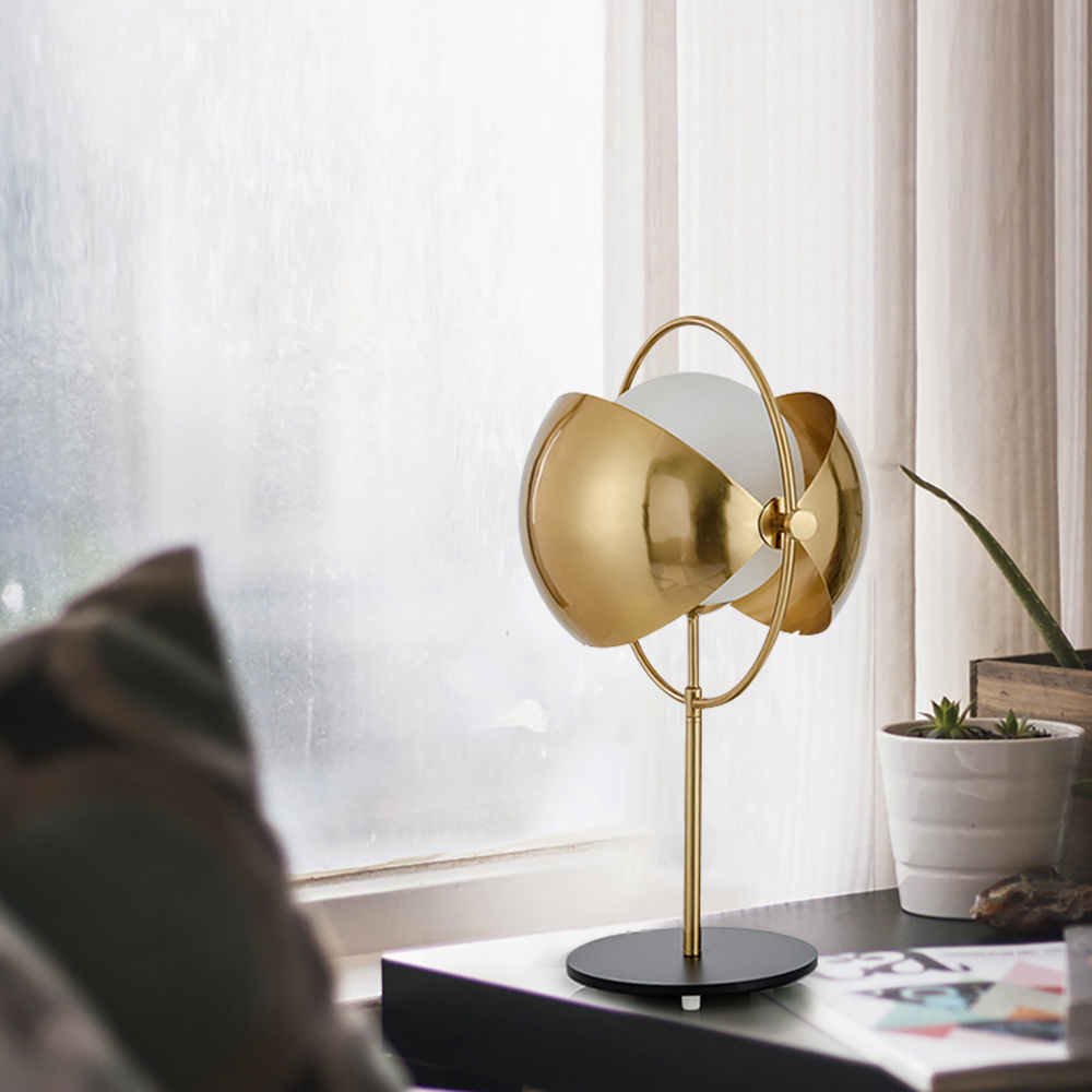 1-Light Glass Globe Table Lamp with Rotatable Shade in Gold