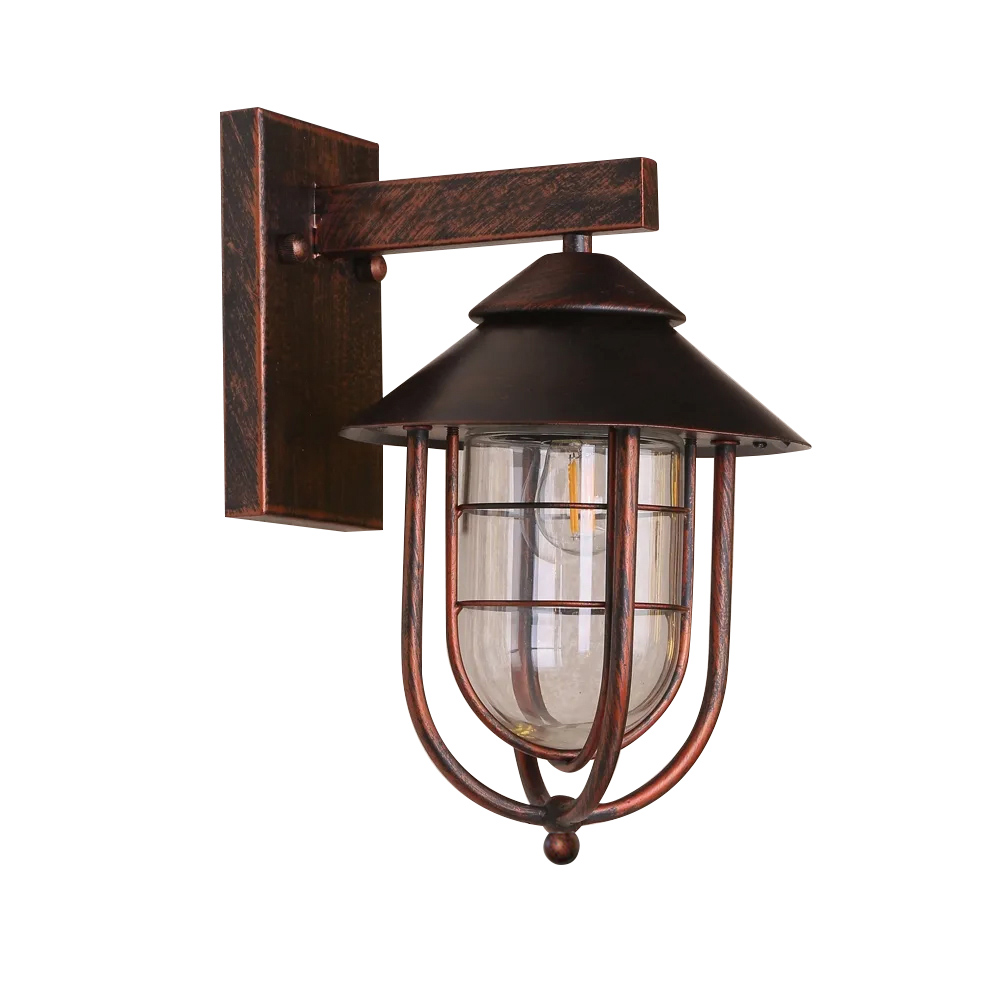 Industrial 1-Light Metal Cage Clear Glass Shaded Nautical Indoor Outdoor Wall Light in Antique Copper