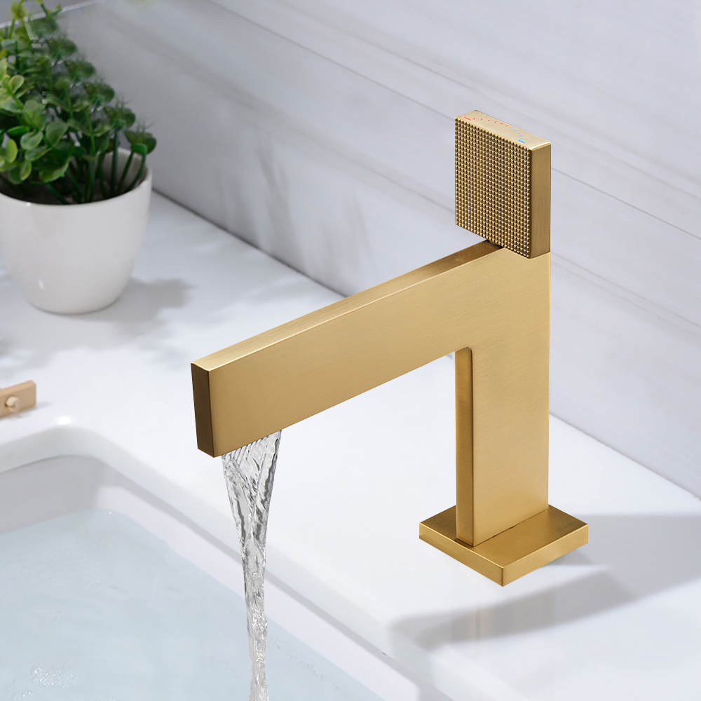 Brushed Gold Modern Single Handle Monobloc Tap Solid Brass Bathroom Basin Mixer Tap