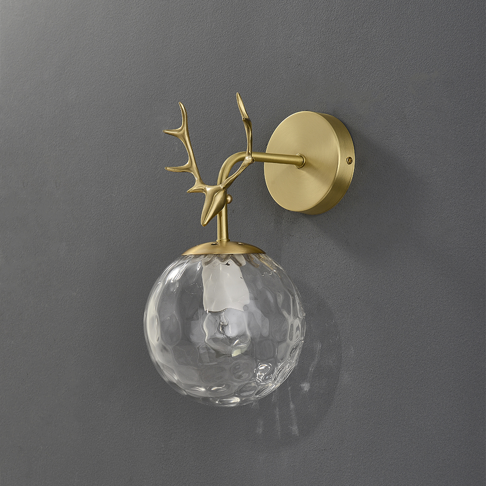 1-Light Brass Antler Wall Light Armed Wall Sconce with Clear Globe Shade
