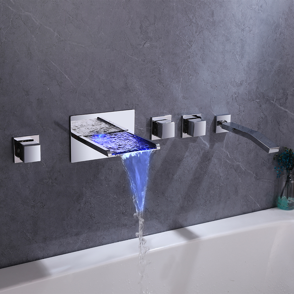 LED Color Changing Waterfall Wall Mount Bathtub Filler Faucet & Handshower Chrome Brass