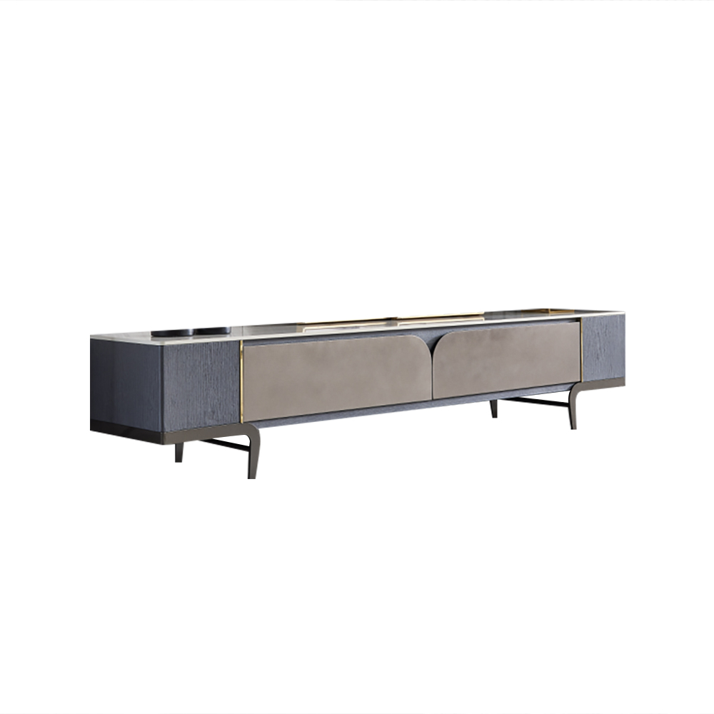 Modern TV Stand for 85 inch TVs with White Stone Top & Blue & Gray Drawers