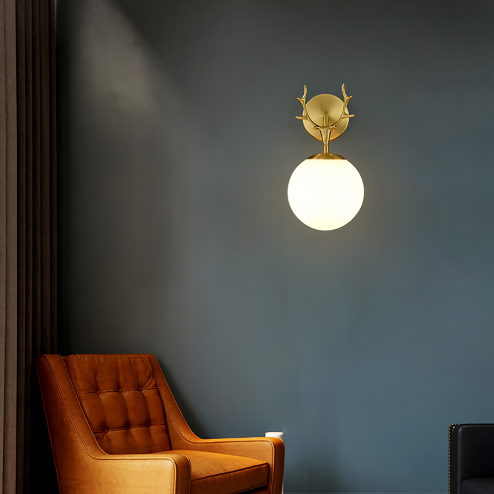 

1-Light Brass Antler Wall Light Armed Wall Sconce with White Glass Shade