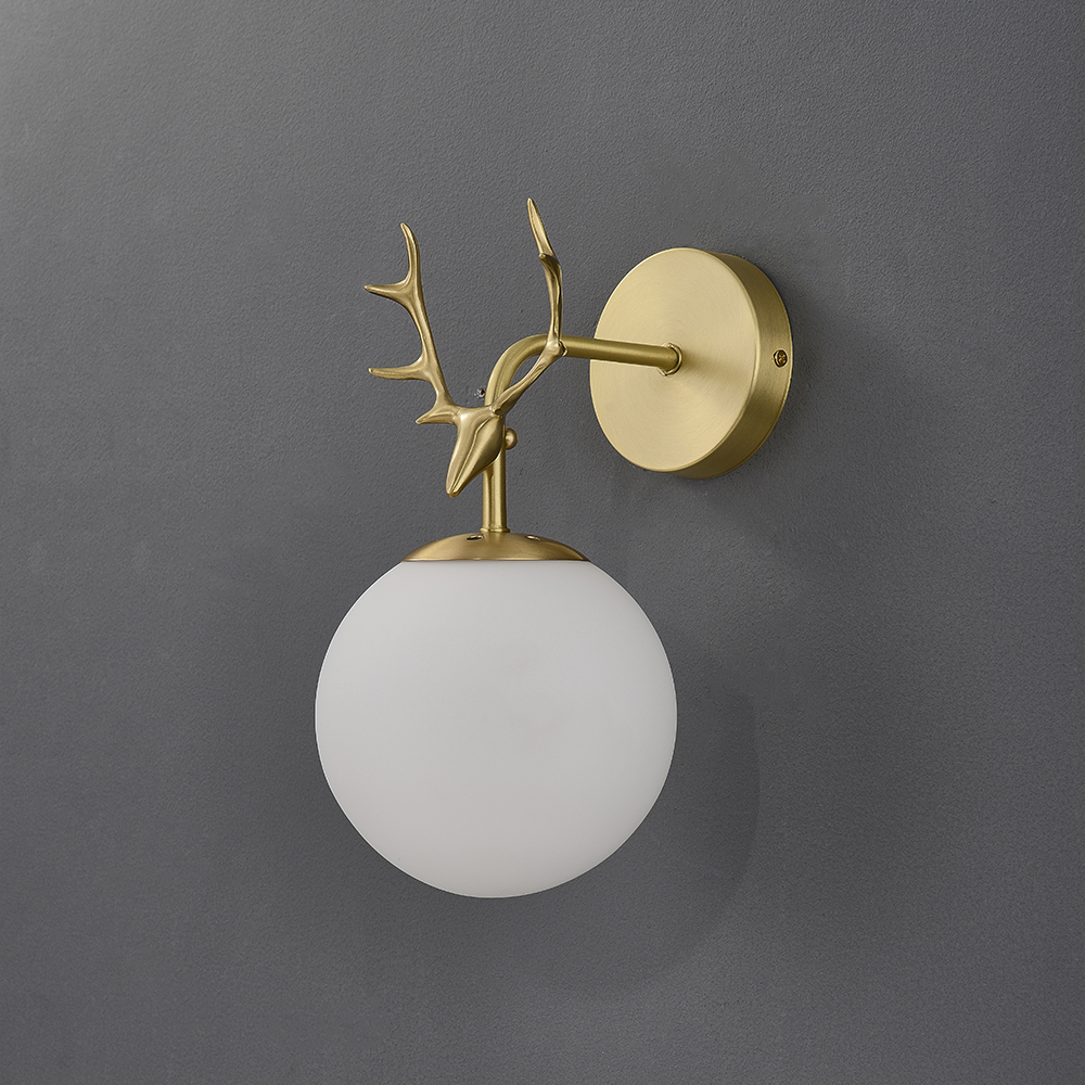 1-Light Brass Antler Wall Light Armed Wall Sconce with White Glass Shade