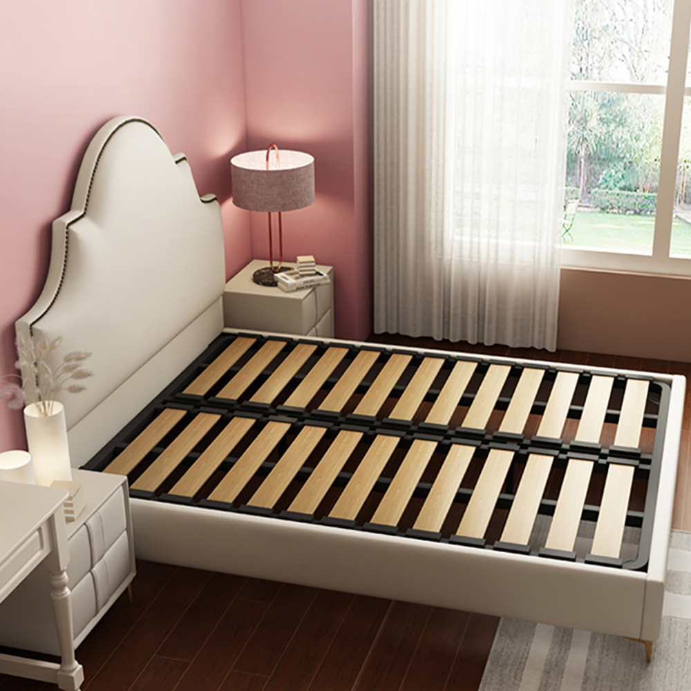 

Modern Beige Platform Bed Solid Wood Bed Frame with Upholstered Curved Headboard