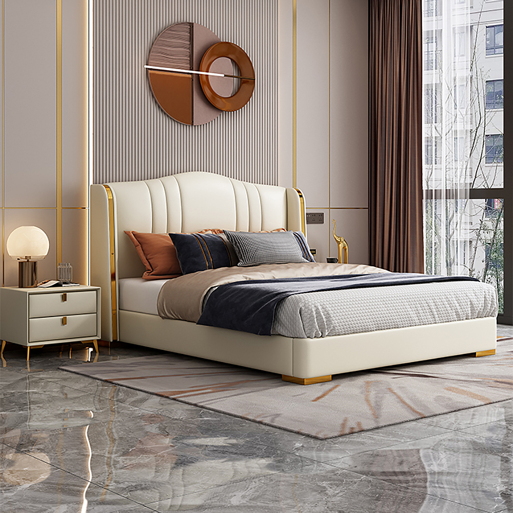 

Beige Low Profile Platform Bed Upholstered Bed Frame with Wingback Headboard