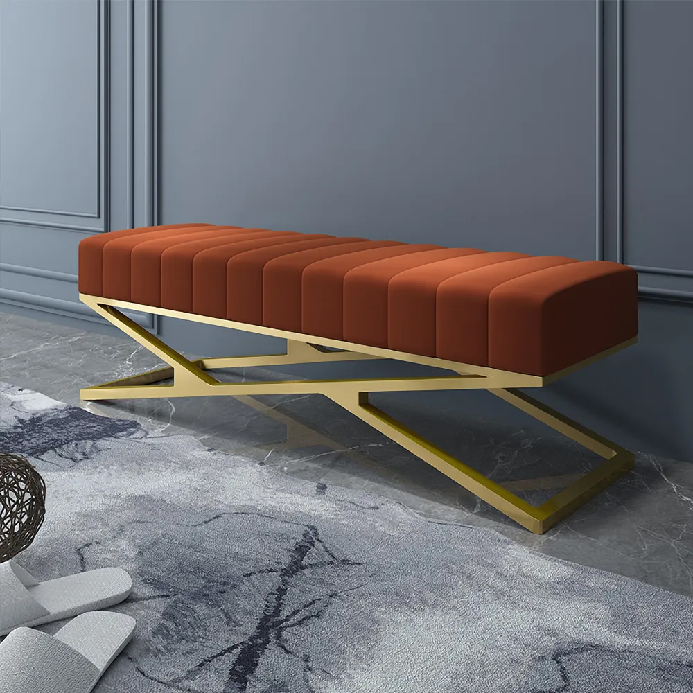 

Modern Entryway Bench Orange Velvet Upholstered Ottoman Bench in Gold