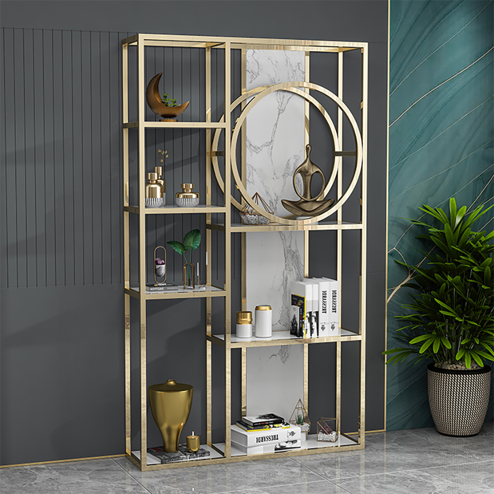 

Modern Open Bookshelf White & Gold Etagere in Metal Frame