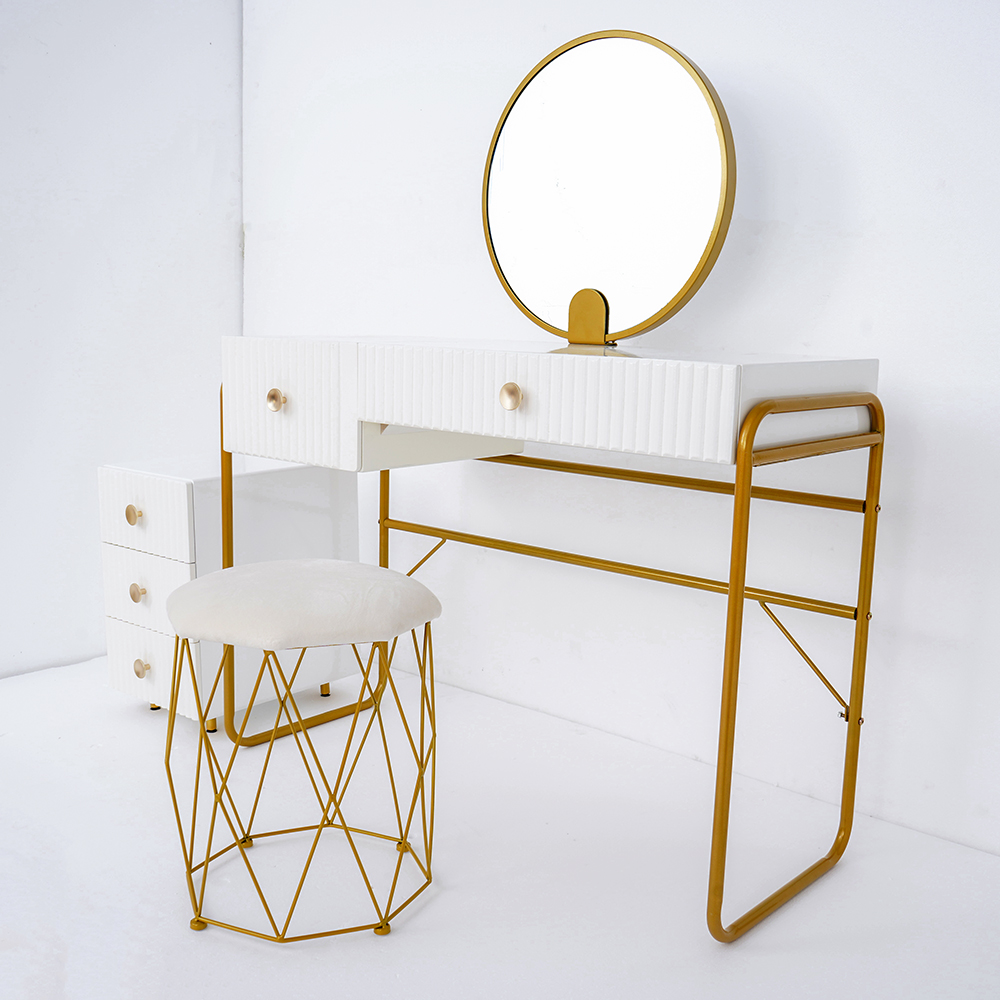 Modern White Makeup Vanity Set with Cabinet & Stool & Mirror 4-Piece Bedroom Vanity Set