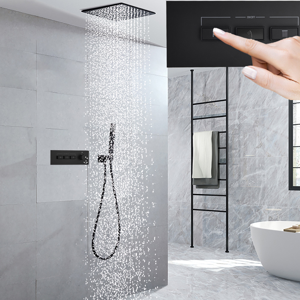 

Wall-Mounted 16" Shower System Rainfall 3 Functions Thermostatic in Matte Black