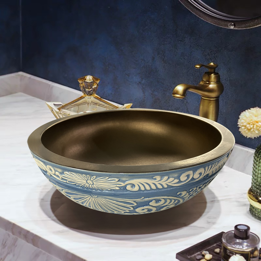 Blue & White Retro Style Rounded Vessel Sink Ceramic Wash Sink