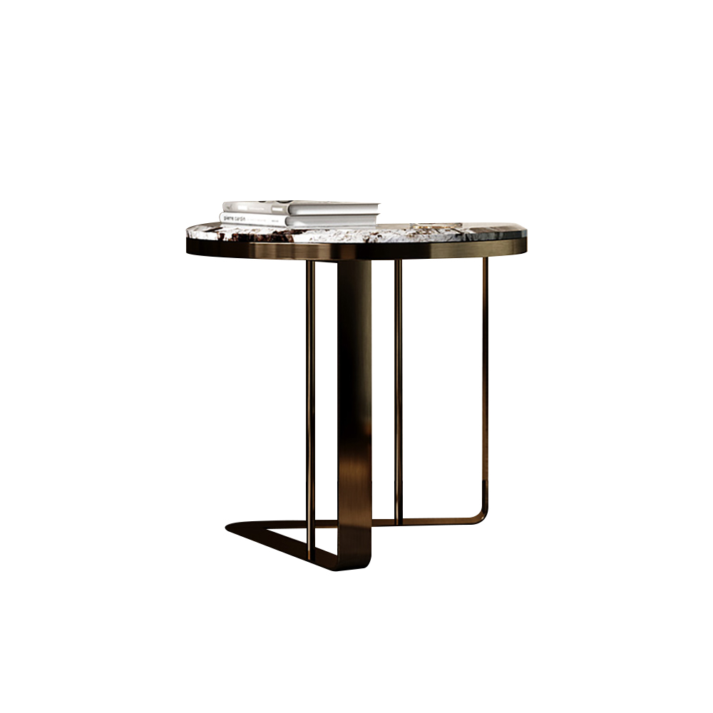 Modern Round End Table with Faux Marble Top and Stainless Steel Legs in Gold