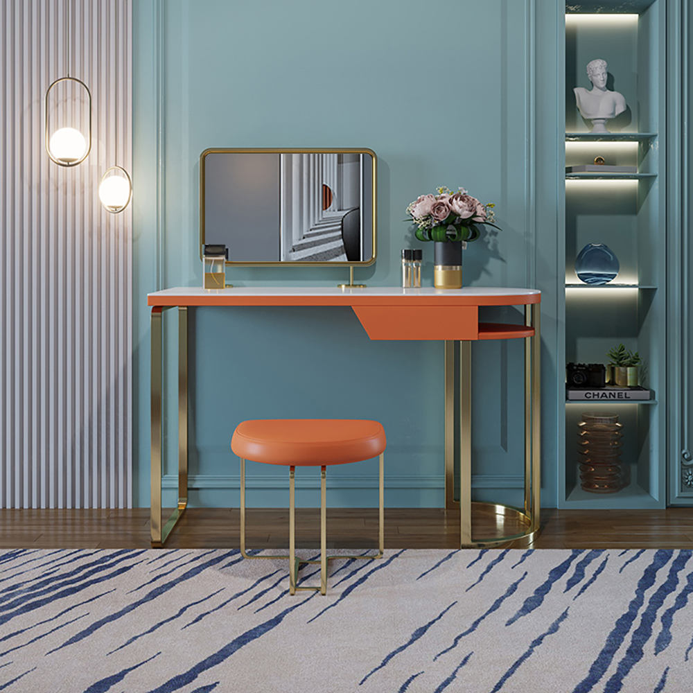 

Modern Stone Top Makeup Vanity with Stool & Mirror in Orange