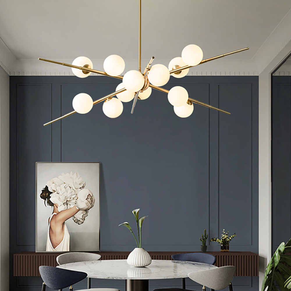 Modern 12-Light Glass Globe Sputnik Chandelier in Brass for Living Room and Bedroom