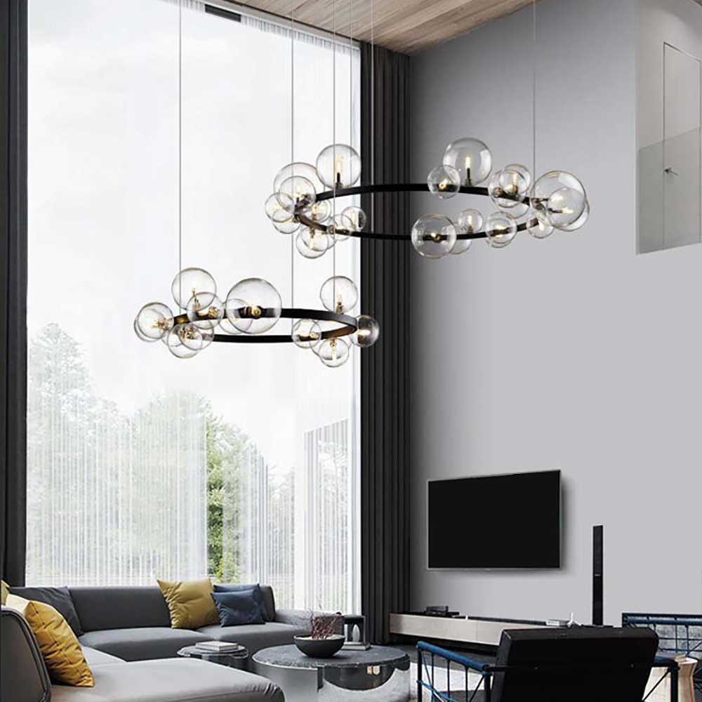 Modern Black Glass Bubble Chandelier 15-Light for Living Room and Dining Room