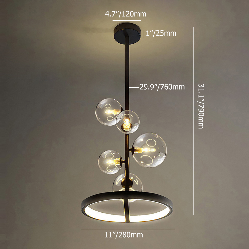Black Glass Globe 5-Light Chandelier Modern for Living Room and Dining Room