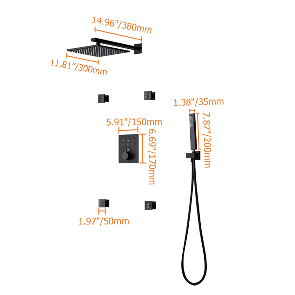 12'' Thermostatic Shower System Black Shower Head with 4 Body Jets and